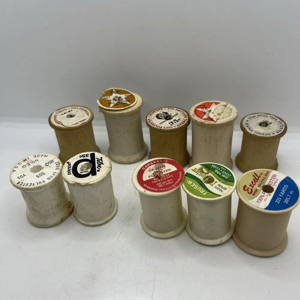 10 Vintage Empty Sewing Spools 5 Wooden, 3 Plastic, 2 Styrofoam